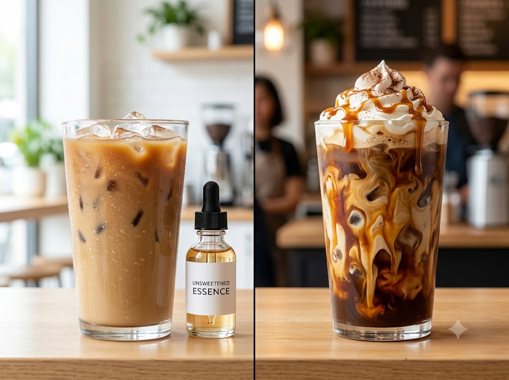 A photorealistic split-screen food photograph comparing two customized iced coffee drinks. The left side shows a simple, light iced coffee with a bottle of 'Unsweetened Essence' and a dropper. The right side features a richer, darker caramel-flavored iced coffee with visibly swirling caramel syrup, whipped cream, and realistic condensation, presented as premium nutritional editorial photography on a clean café background.