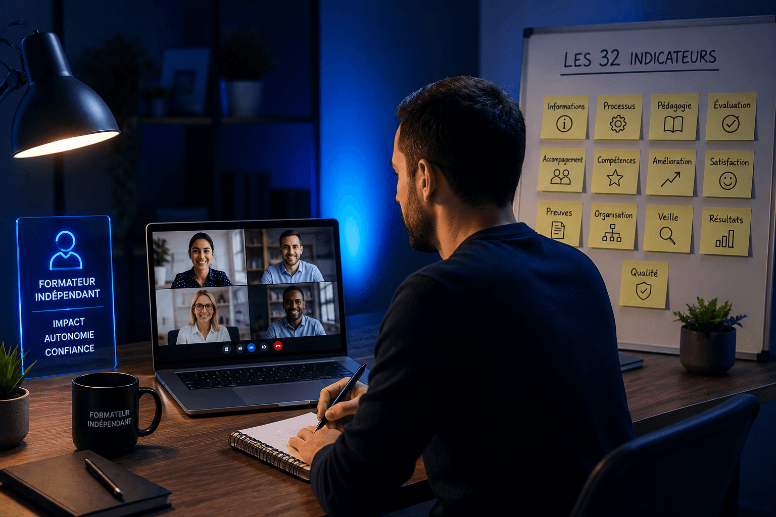 Formateur indépendant préparant la certification Qualiopi en visioconférence avec un espace de travail organisé et les indicateurs qualité simplifiés.