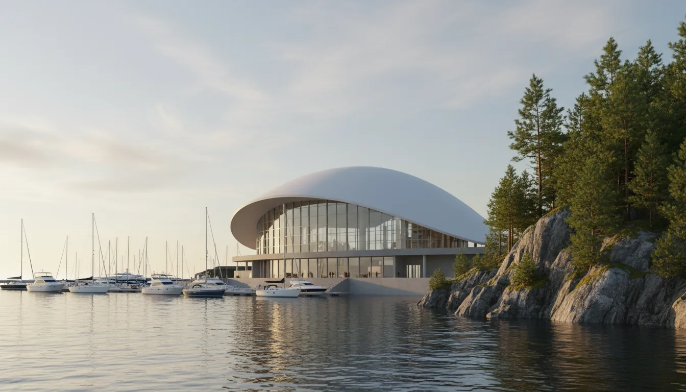A photorealistic 3D architectural rendering in the style of Twinmotion, depicting a modern waterfront building with a massive white dome roof. The structure is situated beside a marina with sailboats docked. A detailed, rugged rock formation with green trees rises from the water in the right foreground, framing the scene. The image is captured with golden hour lighting, casting a warm glow and creating soft reflections on the calm water under a sky with wispy clouds. Low-angle perspective from across the water.