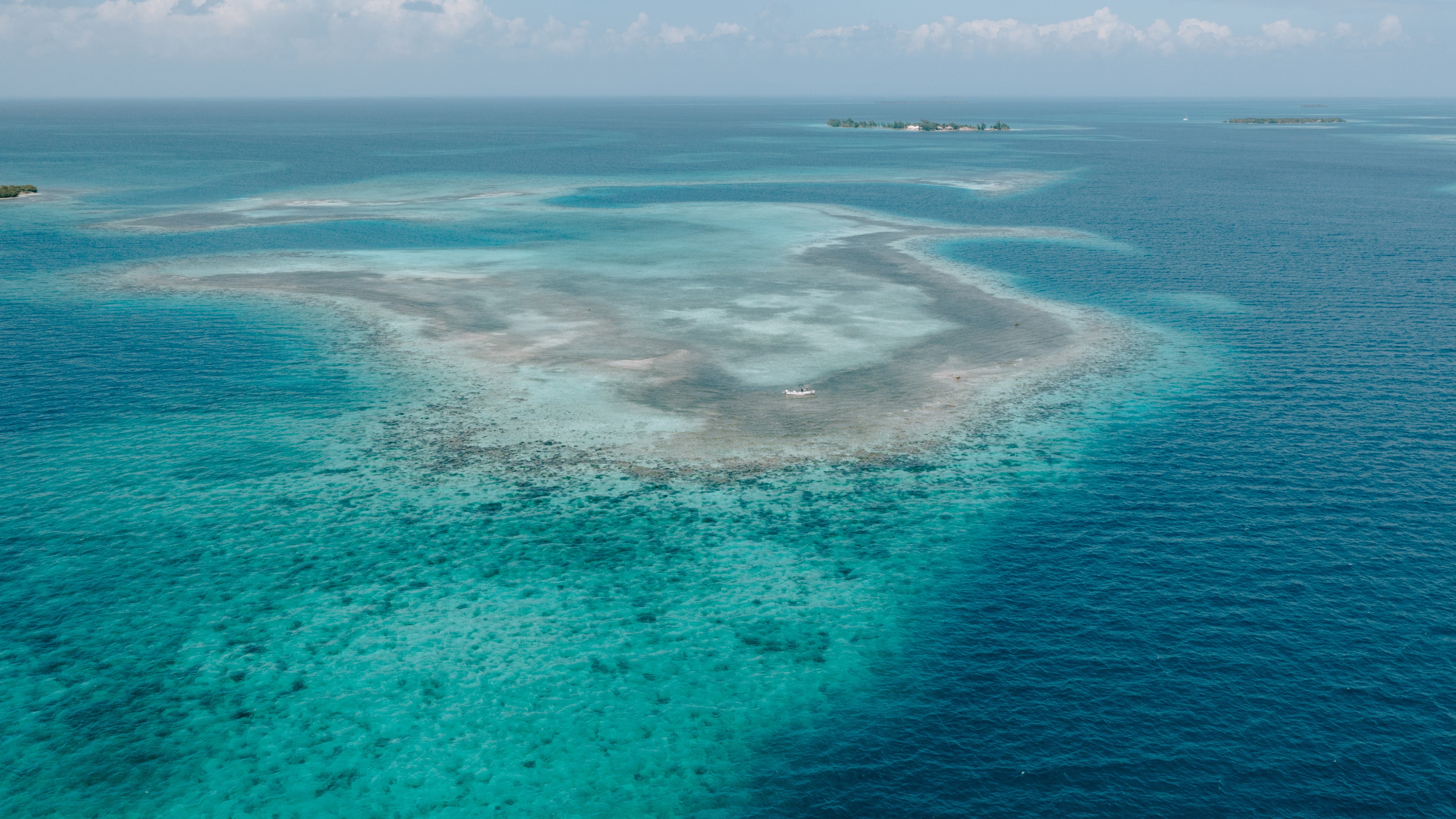 Aerial view of the shallow flats outside Placencia, Belize.