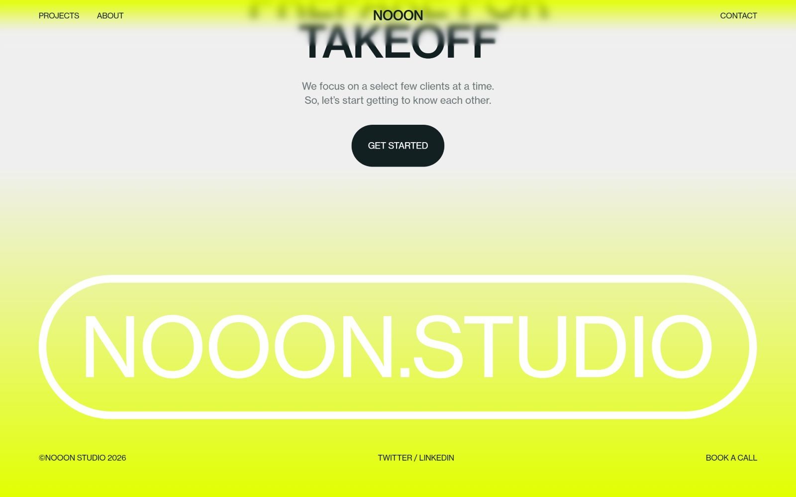 Yellow gradient background with text: "NOOON TAKEOFF" and "NOOON.STUDIO." Buttons say "GET STARTED" and "BOOK A CALL.