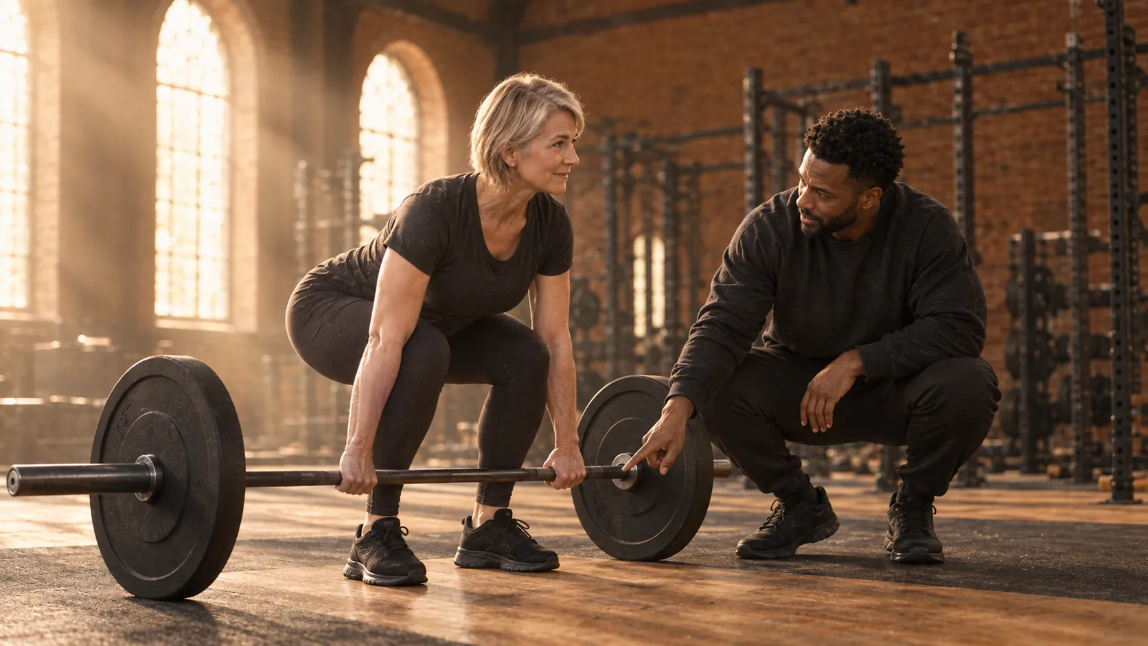 A coach teaching a new member to set up for a deadlift