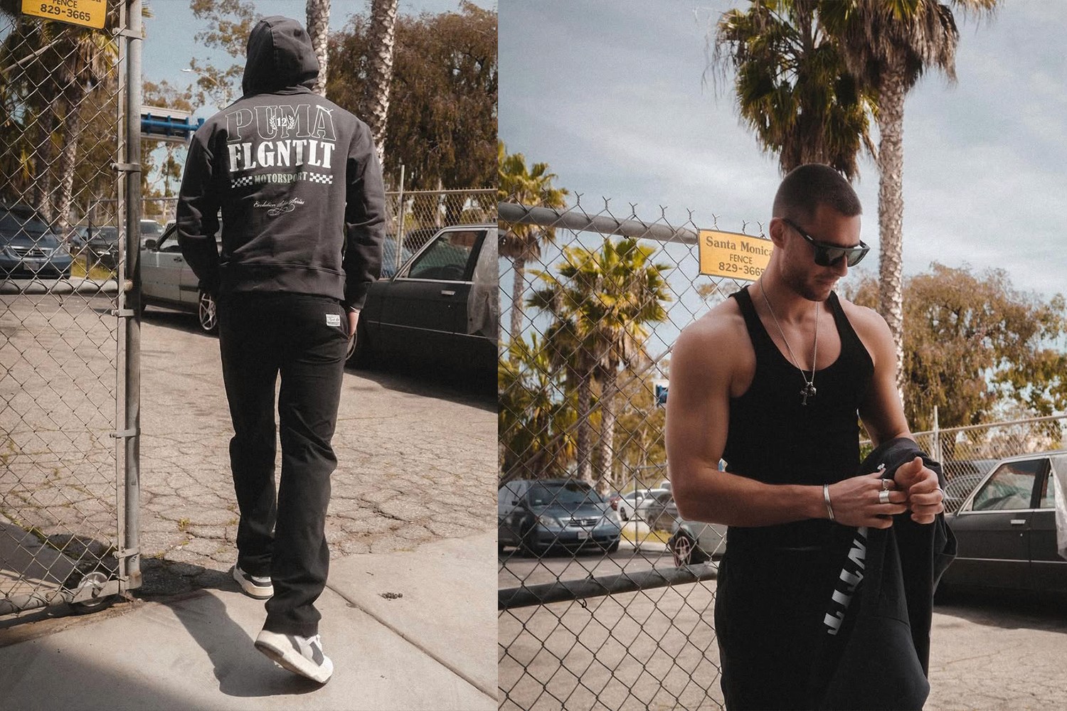 fabian arnold photoshooting in los angeles, oldschool car in teh background, palmtrees and tank top
