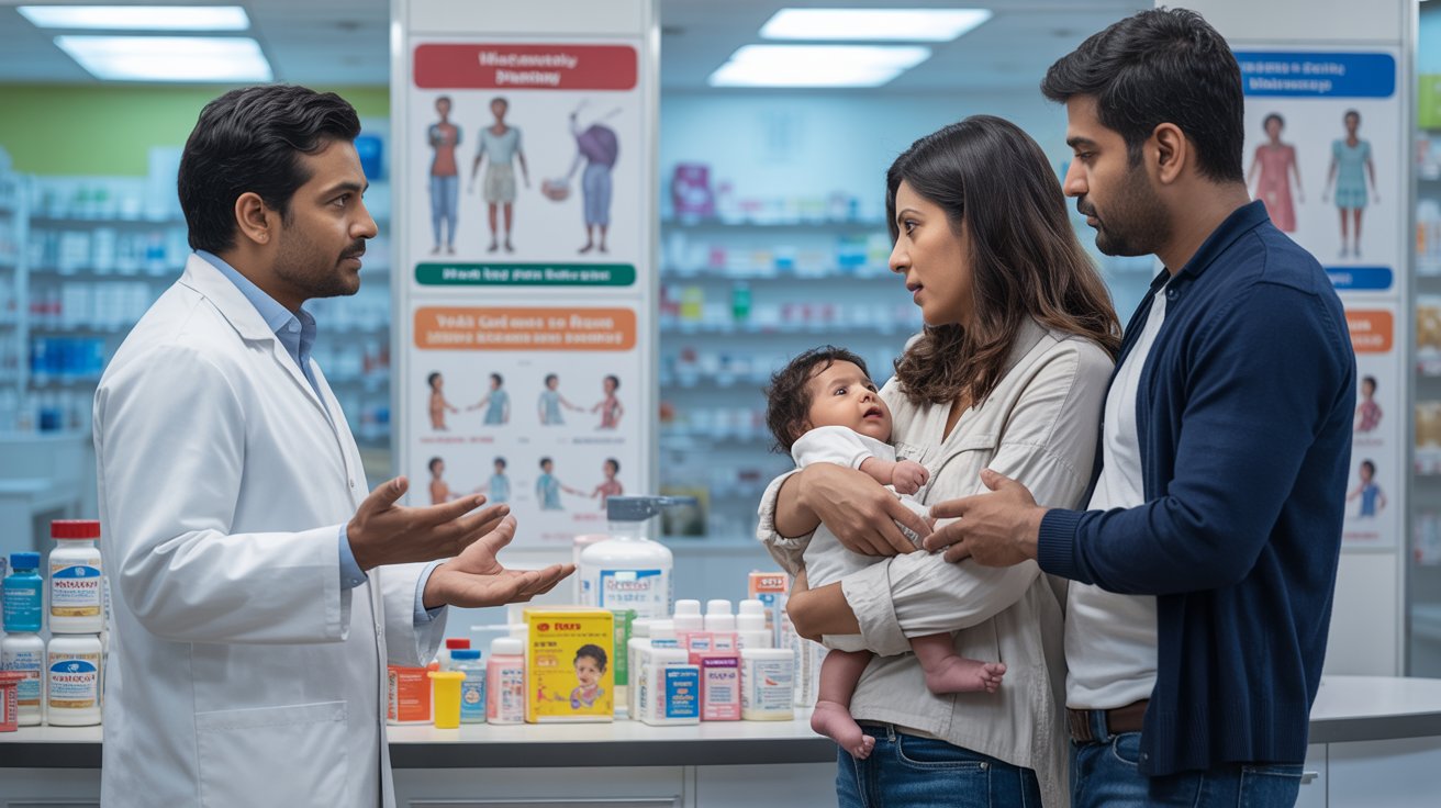 Pharmacist advising young parents with infant in arms about baby health and safe medicines at pharmacy