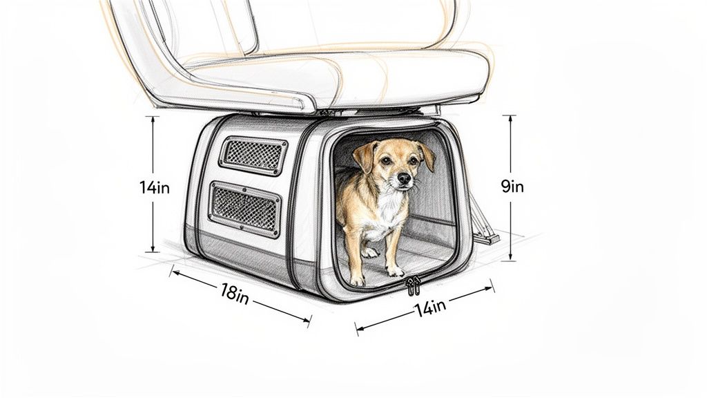 A small dog inside a pet carrier with dimensions of 18in x 14in x 14in, designed to fit under an airline seat.
