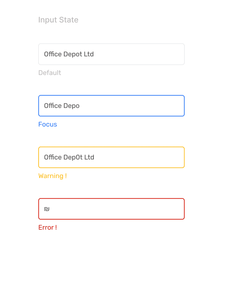 Form input states showing default, focus, warning, and error styles