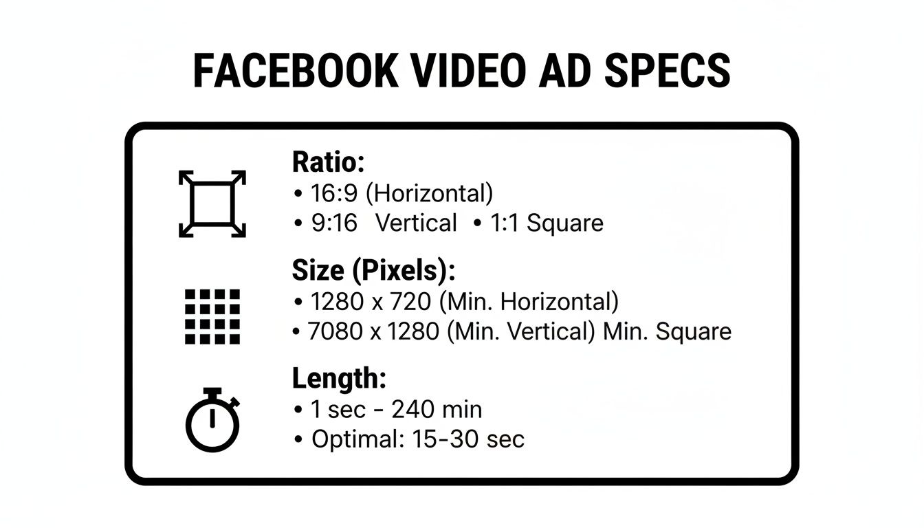 Facebook video ad specifications showing required ratios, pixel sizes, and recommended video lengths.