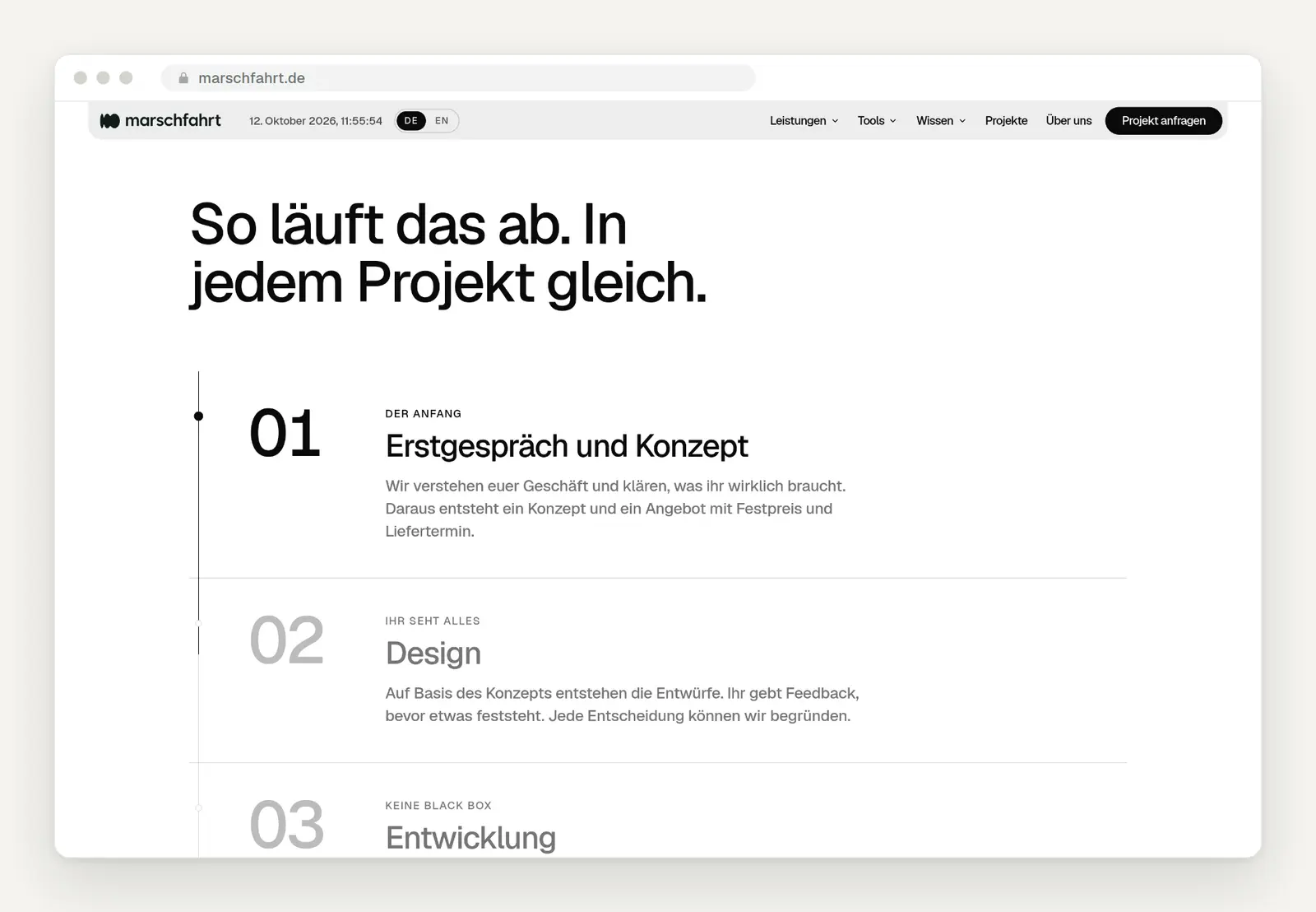 Ablauf eines Webdesign-Projekts bei marschfahrt: Erstgespräch, Konzept, Design, Entwicklung