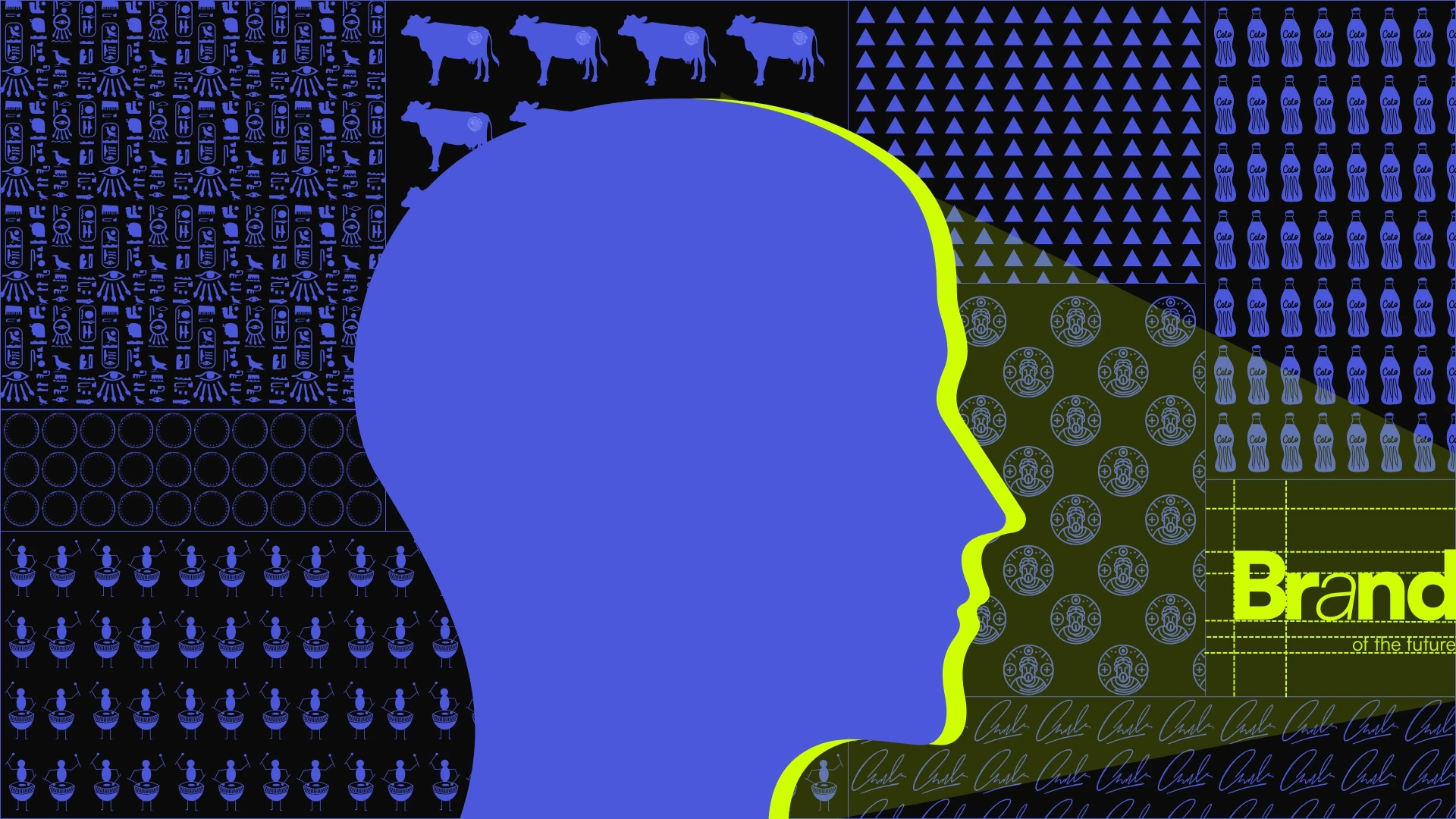 Illustration of a human head silhouette surrounded by ancient symbols, cattle brands, pottery marks, and modern brand icons, representing the evolution of branding from early identity marks to future brand intention.