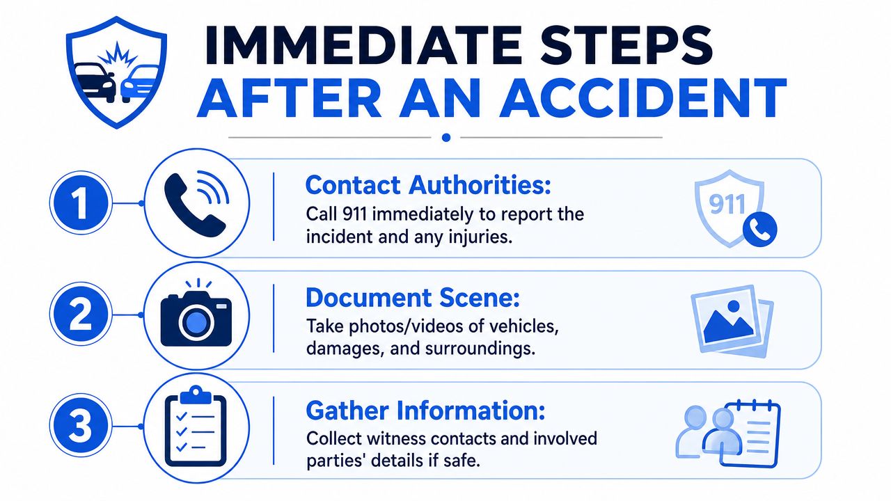 A guide listing three immediate steps to take after being involved in a car accident.