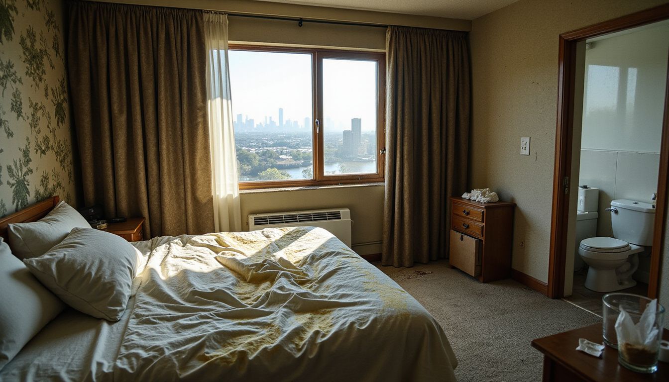A rundown hotel room showing severe wear and neglect.