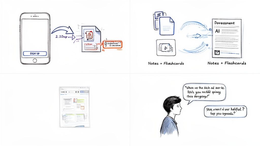 Screenshots and diagrams showing a personalized learning platform generating notes, flashcards, and interactive content.