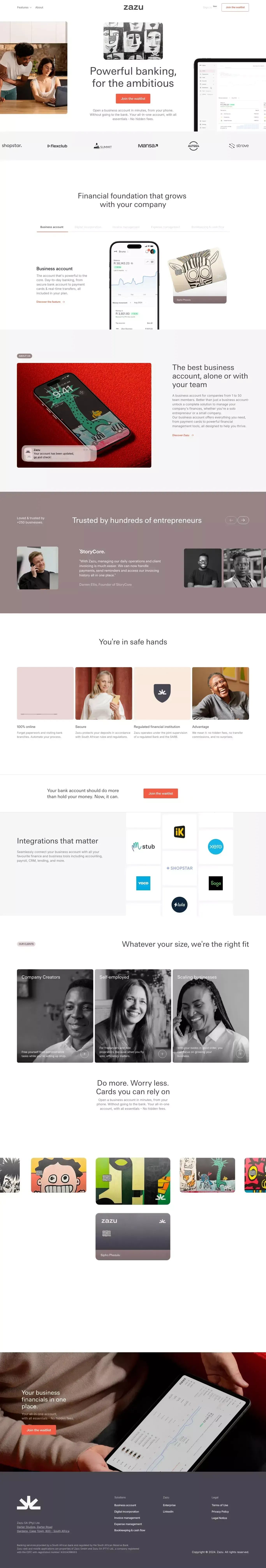 Zazu landing page screenshot showcasing Finance and Tech design