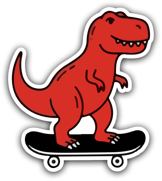 sticker of a t-rex in a skateboard