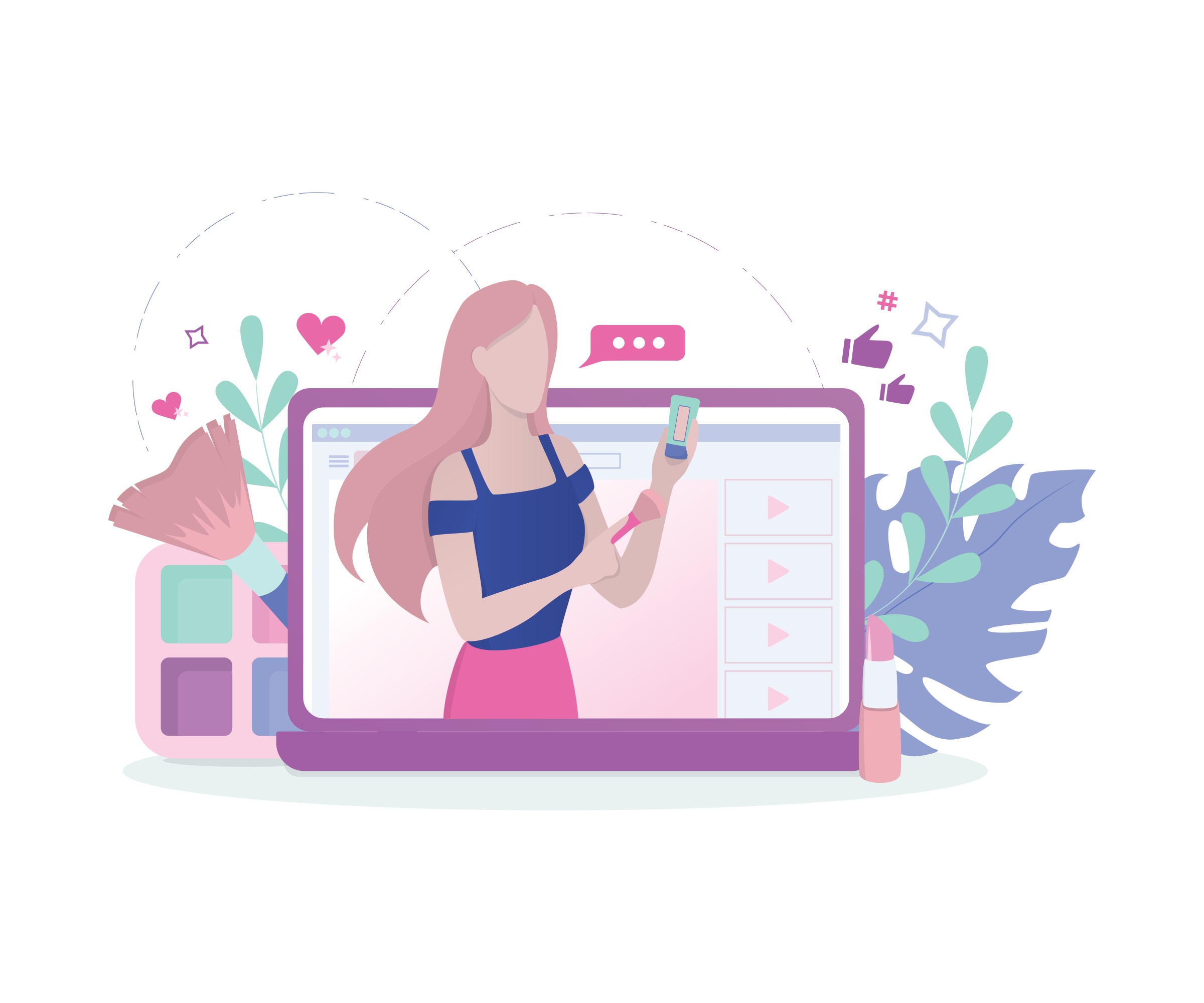 Beauty influencer on laptop screen with social media engagement icons illustrating creator marketing.