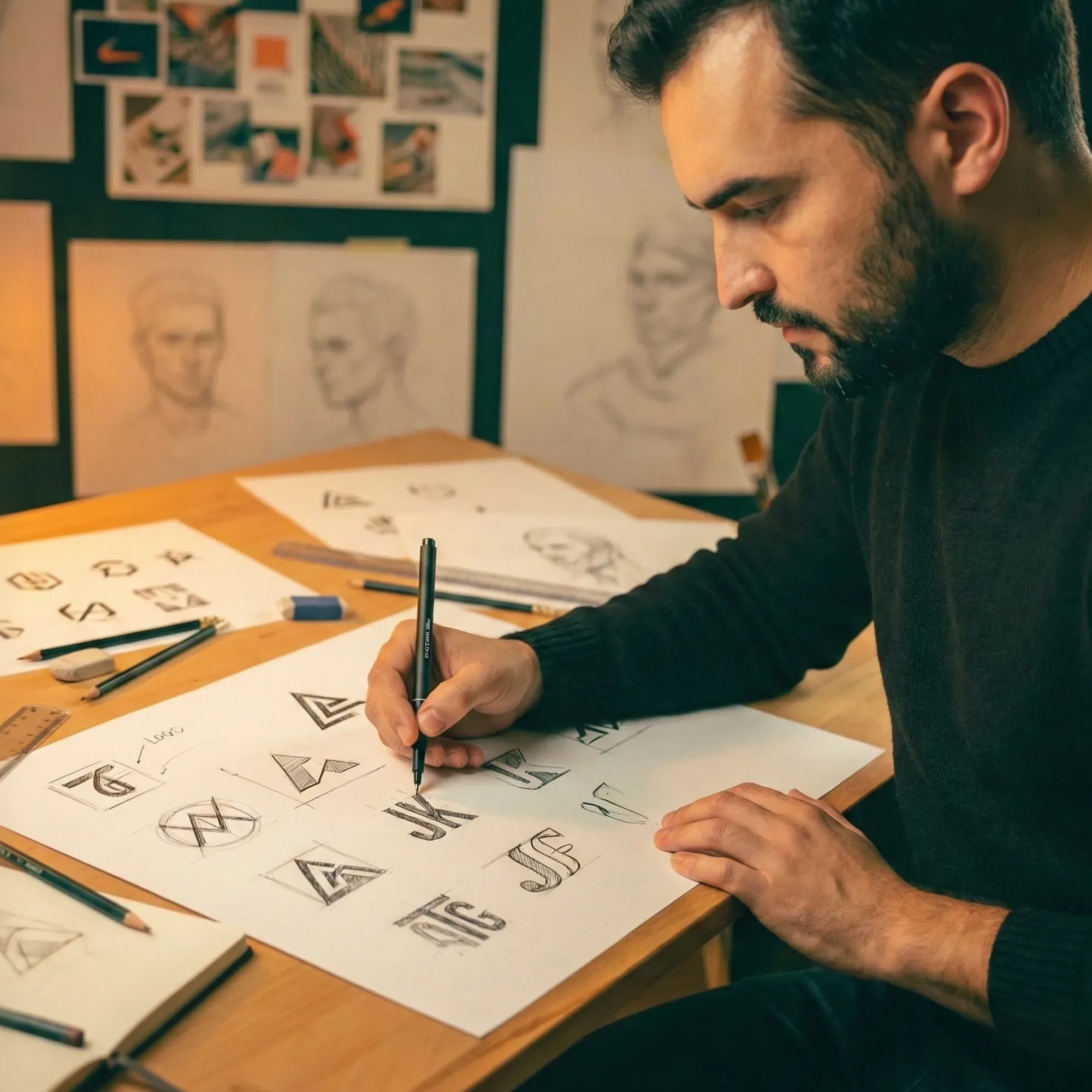 Julian Garcia sketching brand logos and illustrations at a wooden desk in his creative studio.
