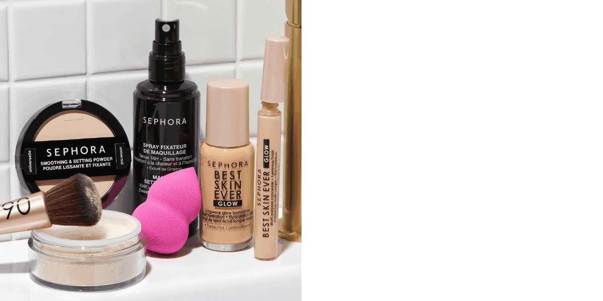 Sephora makeup products with brush and beauty sponge