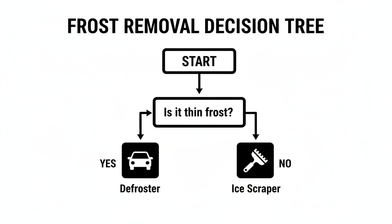 Flowchart illustrating a frost removal decision tree: use defroster for thin frost, ice scraper for thick.