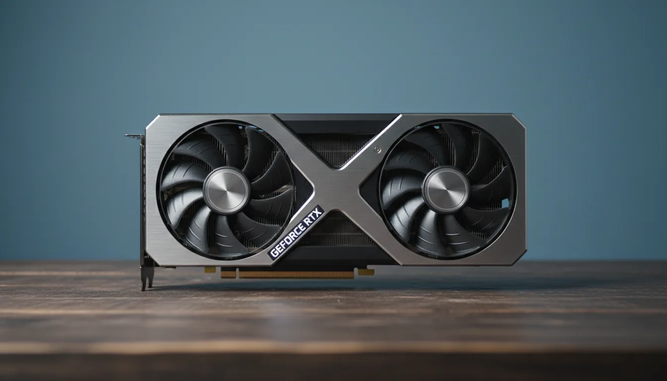 DSLR product photograph of an NVIDIA GeForce RTX 4070 Founders Edition graphics card, shot side-on at eye level. The card is resting on a dark, textured wood desk against a solid, muted blue wall. The image features soft studio lighting that highlights the matte black shroud, the silver metallic "X" frame, and the large cooling fan. The focus is sharp across the entire graphics card, with a shallow depth of field that subtly blurs the wood grain and the background.