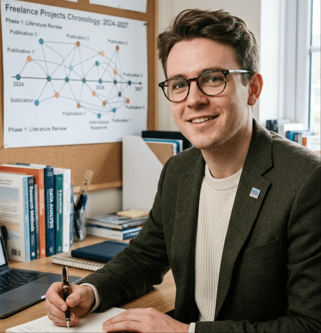 Freelance researcher using a timeline maker to map a multi-year research chronology with phases