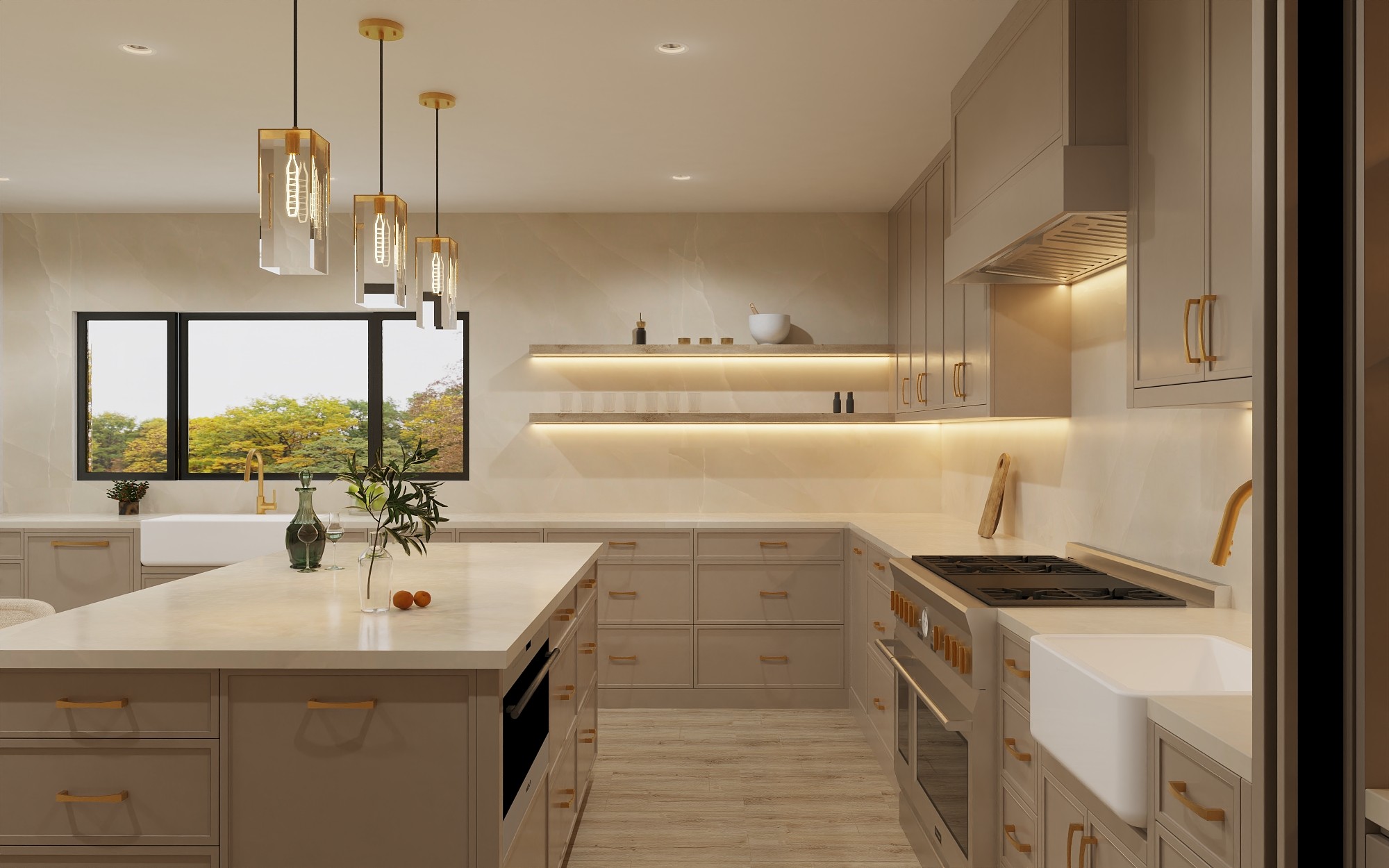 3D kitchen rendering with quartz island, lit floating shelves, and pro range — kitchen remodel design Northridge CA