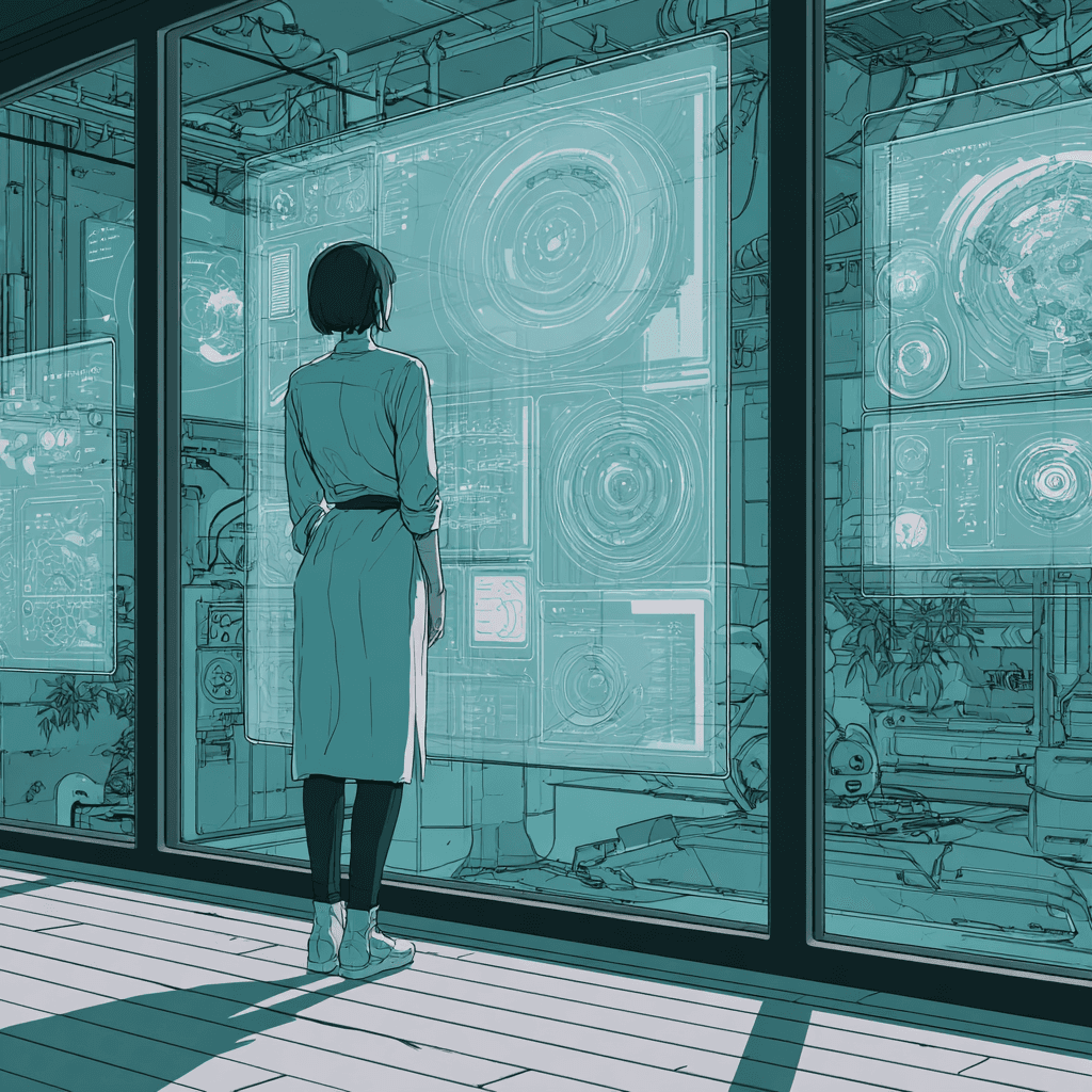 a person looking at the glass panel screen