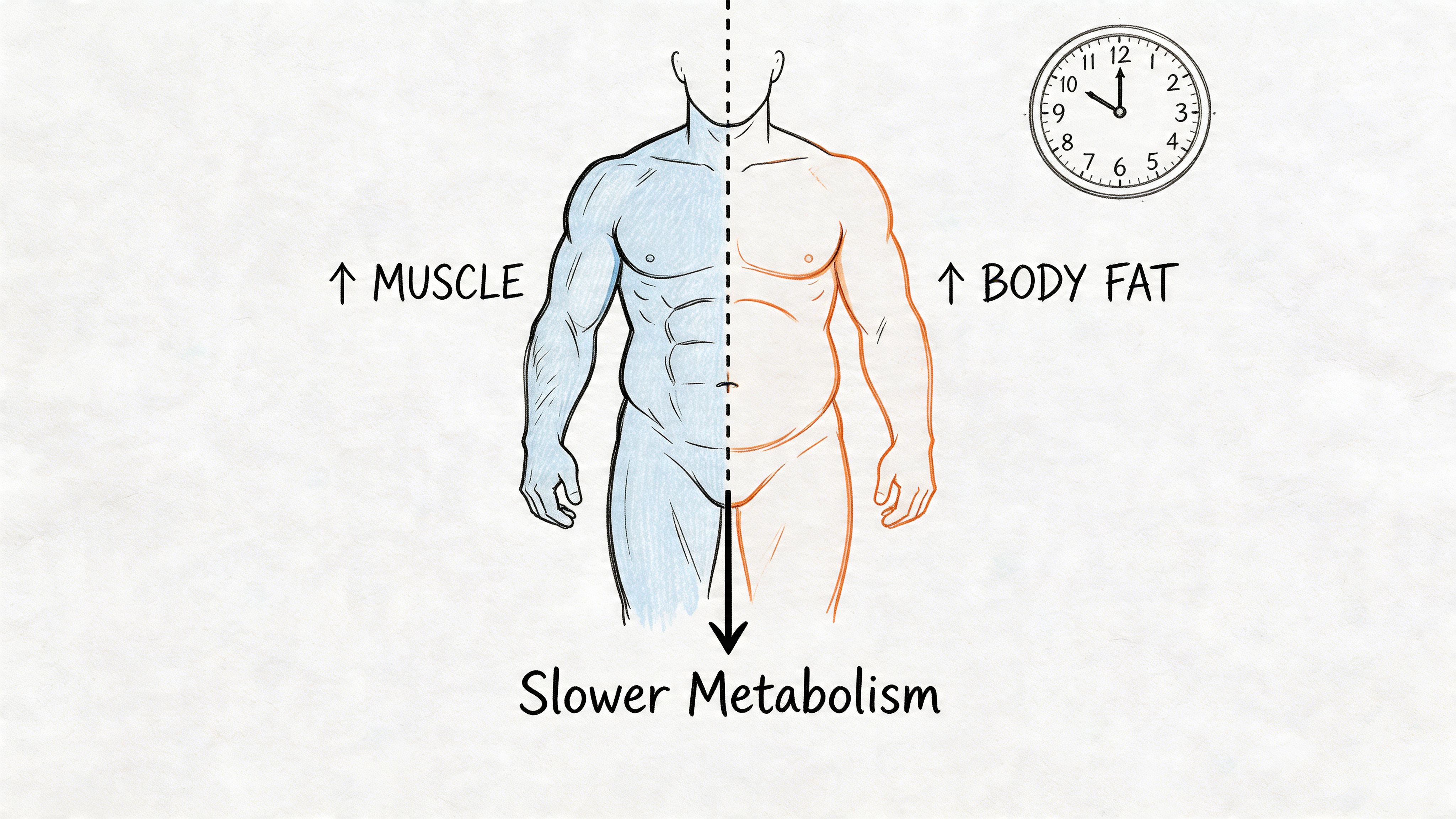 A diagram comparing the effects of aging on human body composition, muscle mass, and metabolism.