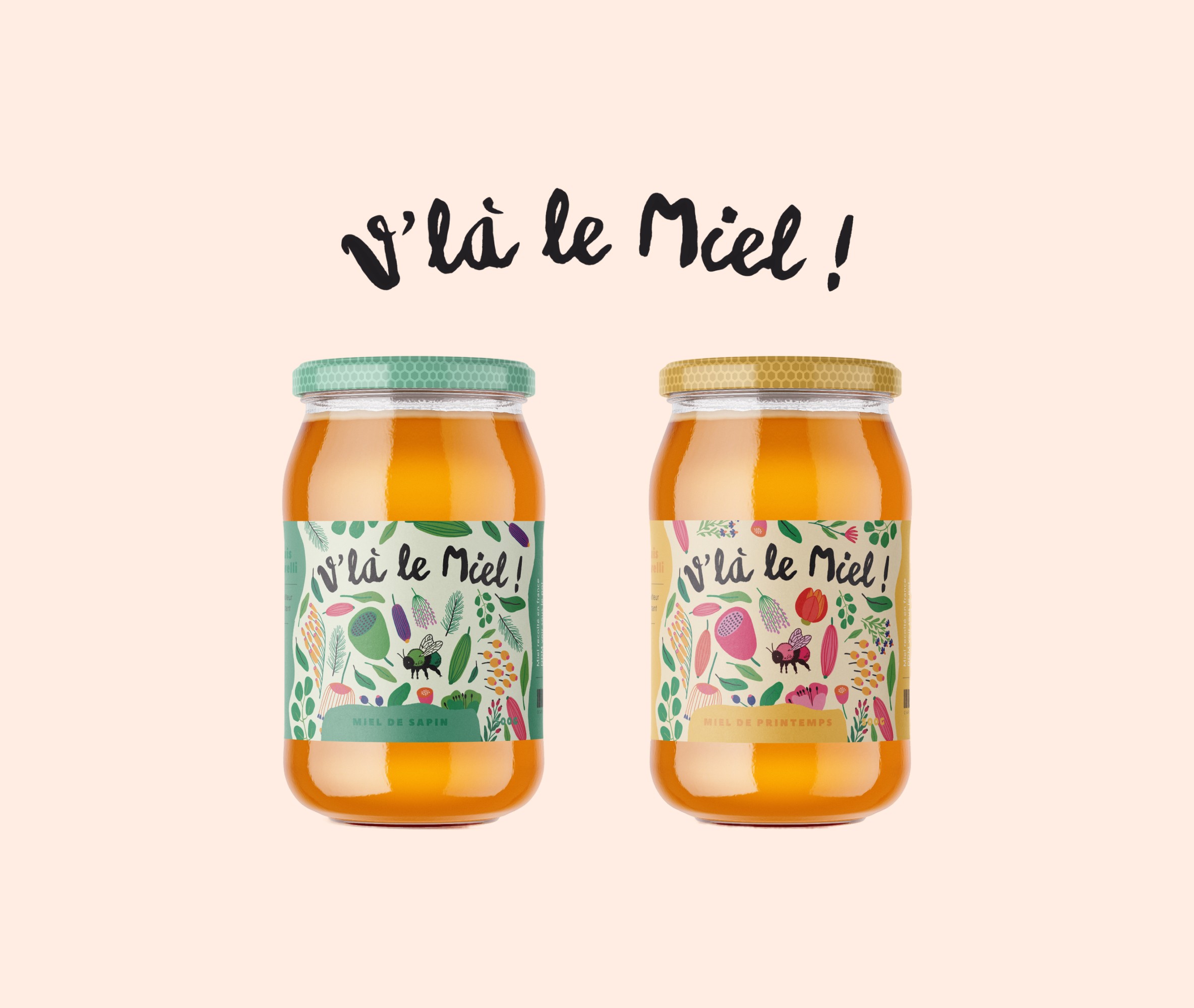 Packaging de pot de miel avec illustrations colorées