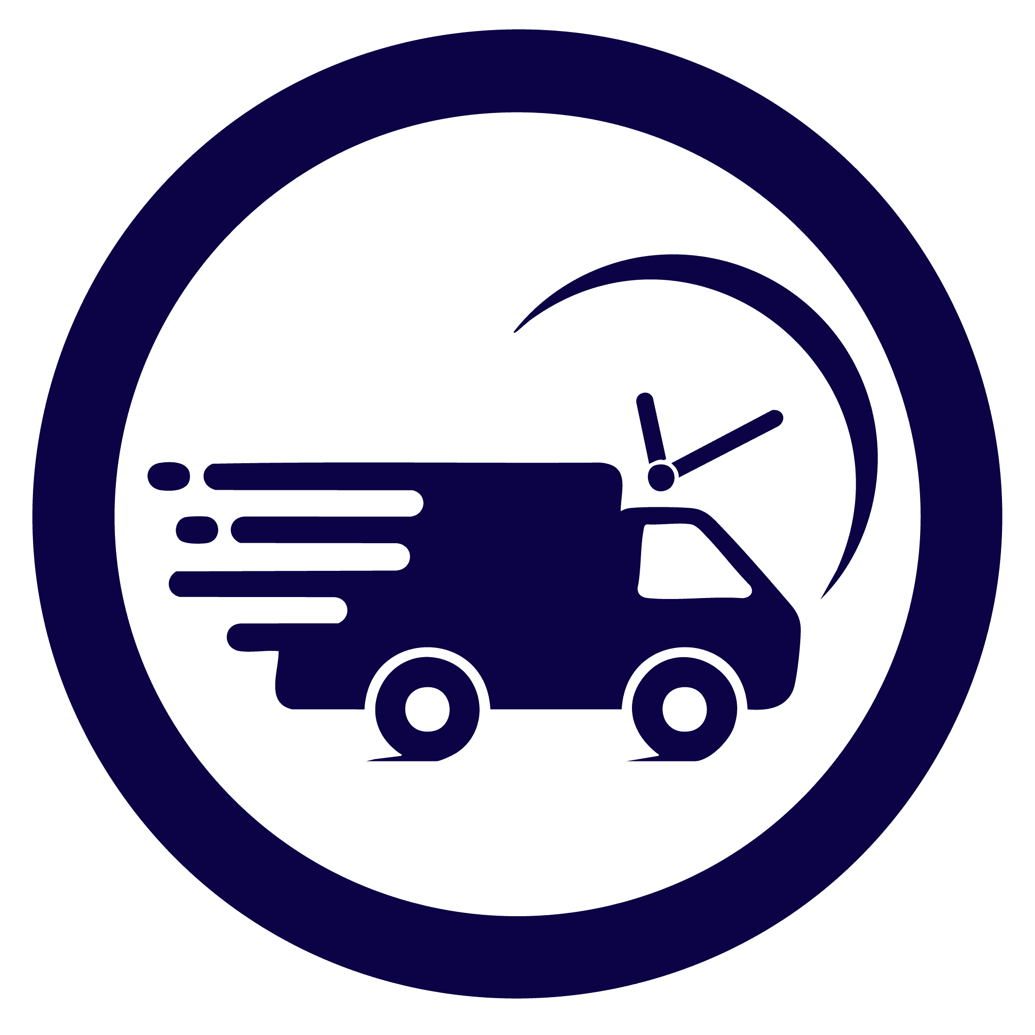 circle icon in blue of a truck with speed lines behind it and a clock timer in the background