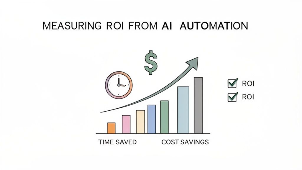 Illustration showing how AI automation increases ROI through time saved and cost savings over time.