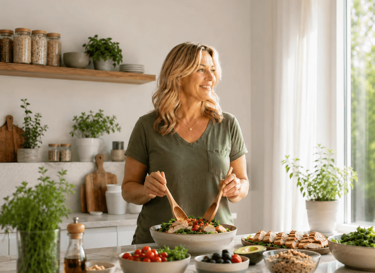 A smiling woman stands in her kitchen slicing vegetables.
