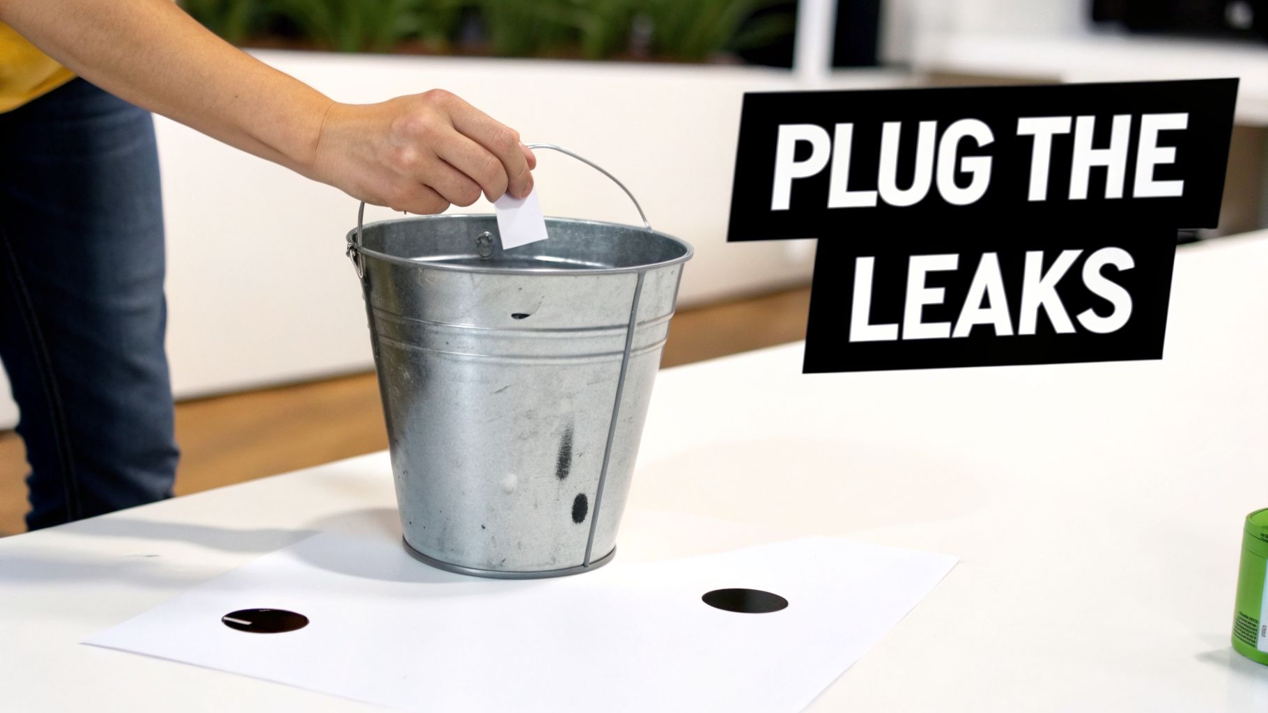 A person drops paper into a leaky metal bucket, with 'Plug the Leaks' text, representing problem-solving.