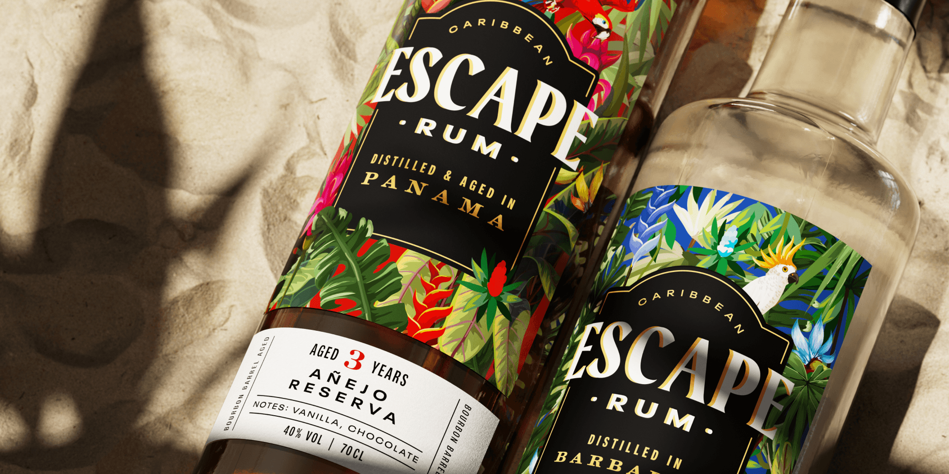 Escape Rum Packaging Design – Boxen-Komposition mit tropischem Motiv