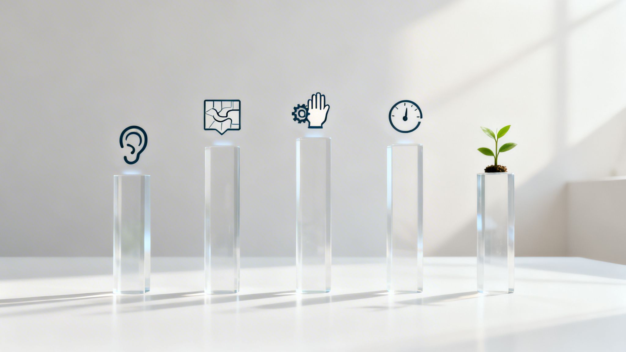 Icons representing listening, understanding, action, and speed on pillars, followed by a plant, symbolizing strategic growth.