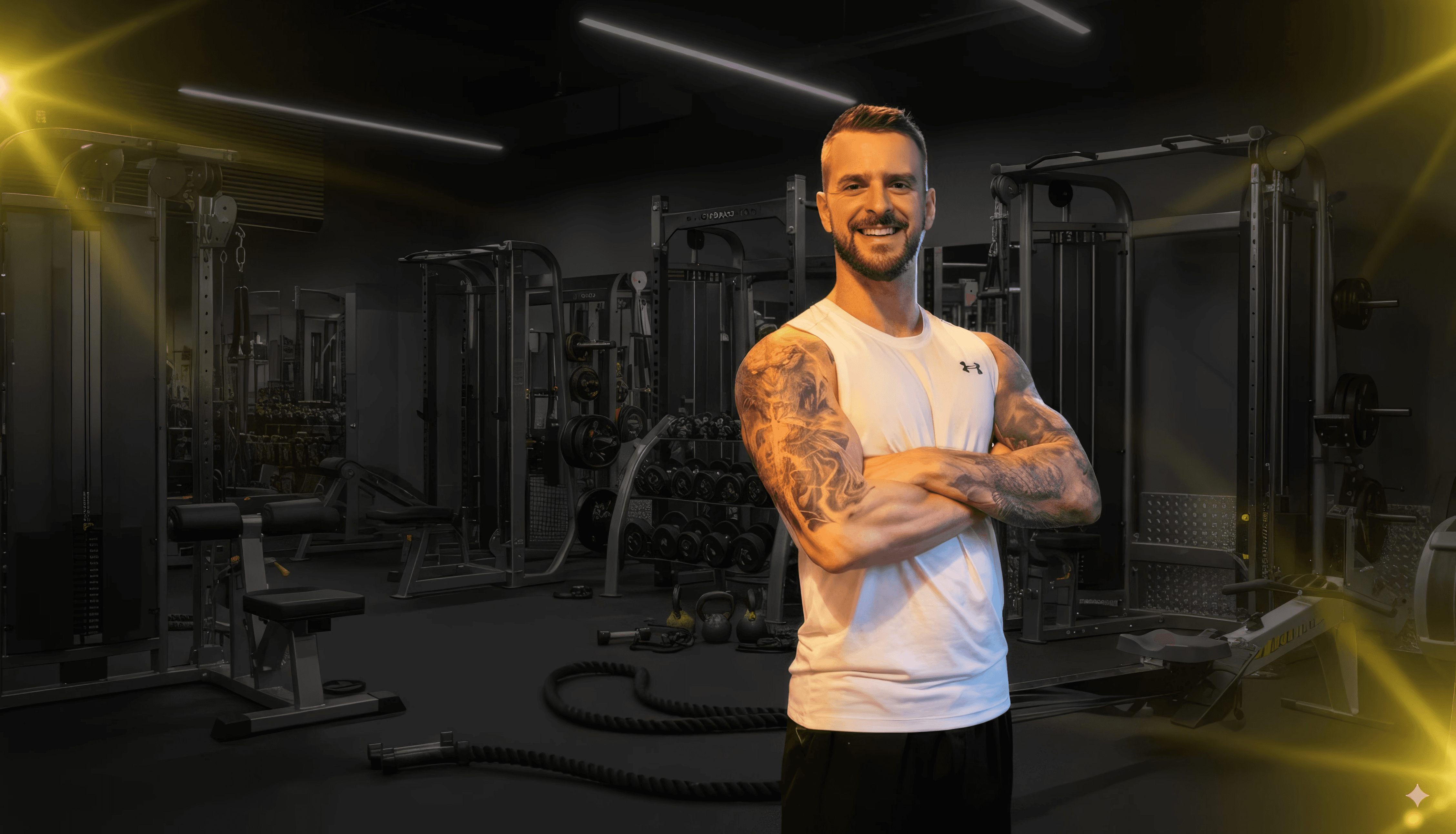 A man with ear buds in a gym