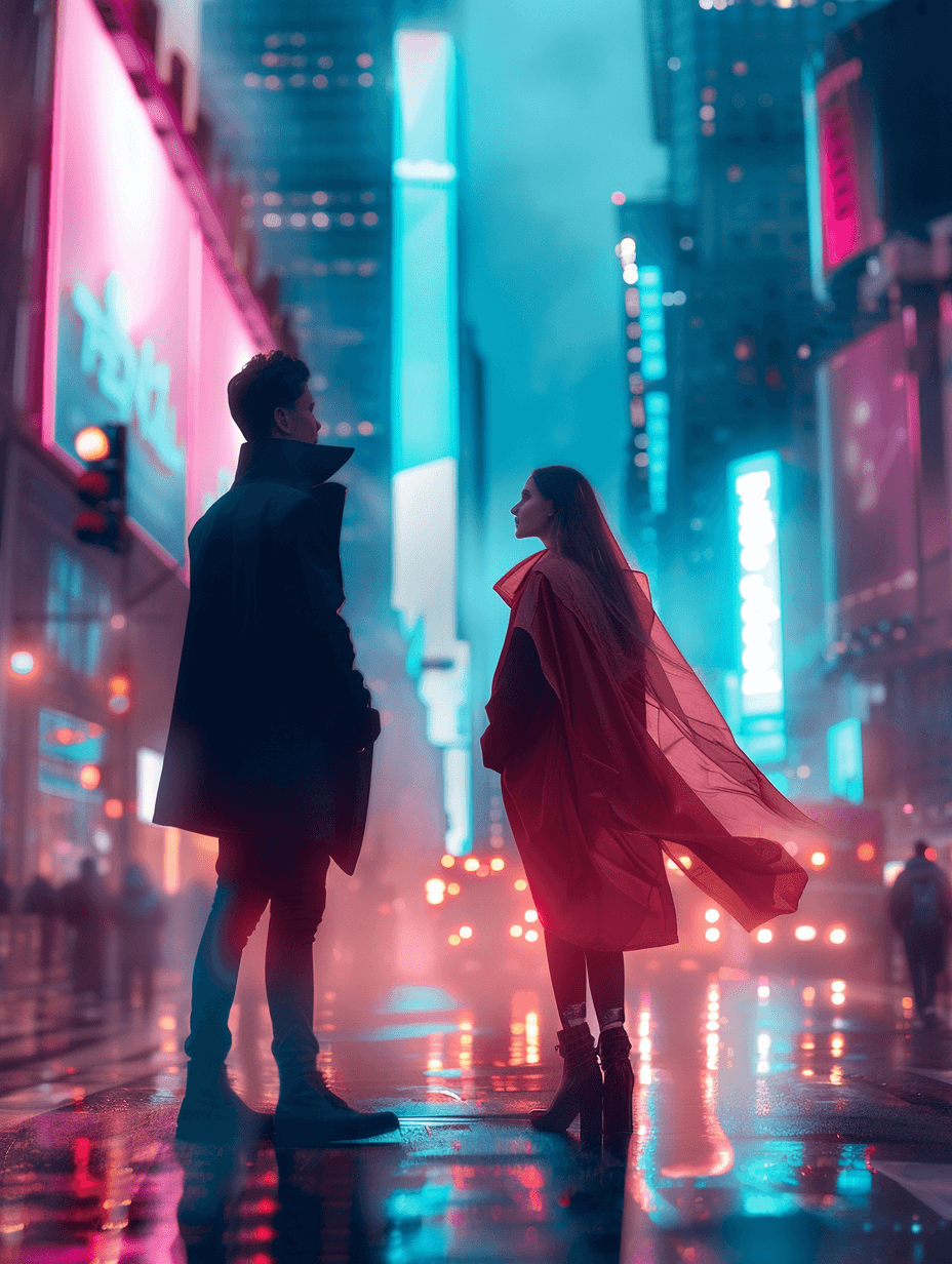 a man and a woman in a futuristic city