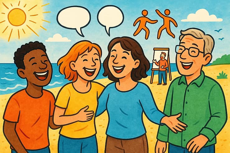 Fröhliche Menschen am Strand lachen und unterhalten sich. Illustration.