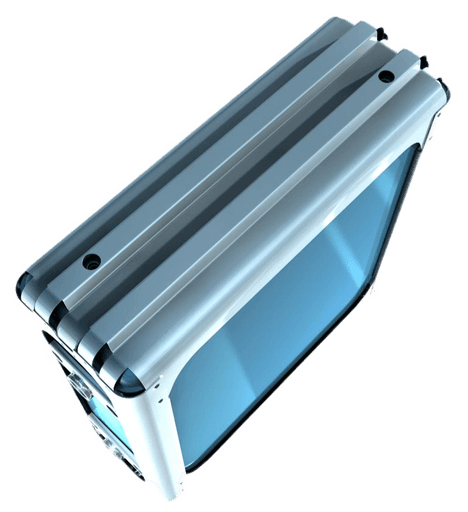 A sleek, metallic rectangular object with a blue interior, displaying a modern design.