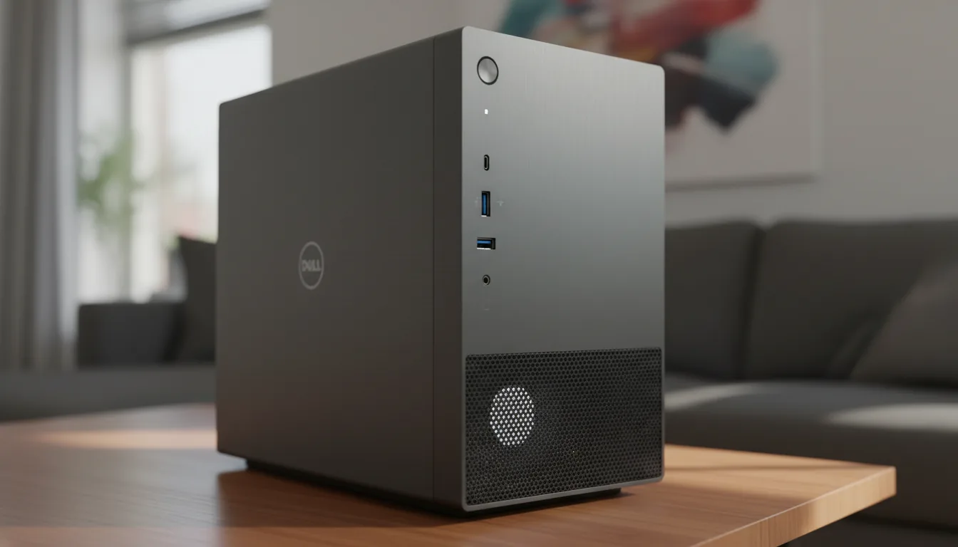 DSLR photography of a modern Dell XPS desktop computer tower with a dark gray matte metallic finish, positioned on a warm wooden table. The shot is a low-angle three-quarter view, with sharp focus on the front corner, ports, and black perforated grille. The scene is illuminated by soft, natural daylight from an off-camera window. The background is a heavily blurred living room interior featuring a gray fabric sofa, creating a strong bokeh effect and a very shallow depth of field.
