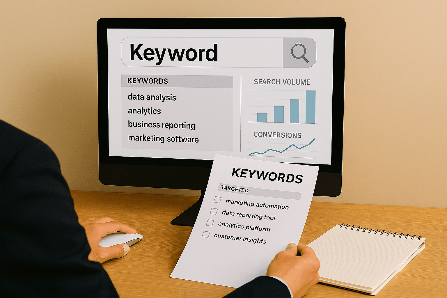 Tablet displaying abstract search ad symbols and metrics under a user’s hands