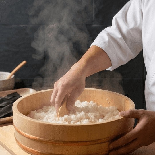 Sushi chef mixing seasoned rice in a traditional wooden Hangiri tub with rising steam.