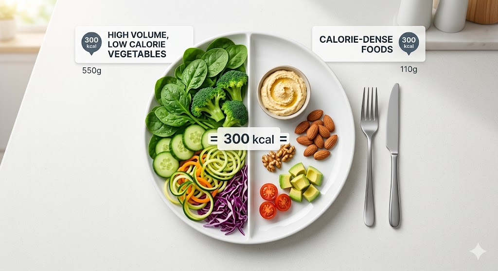 A top-down view of a divided plate on a white table, illustrating a calorie comparison of two 300 kcal food portions. The left side is a large portion (550g) of high-volume, low-calorie vegetables including spinach, broccoli, cucumbers, spiralized zucchini, and red cabbage. The right side is a small portion (110g) of calorie-dense foods featuring hummus, almonds, walnuts, avocado, and cherry tomatoes. A fork and knife rest beside the plate.