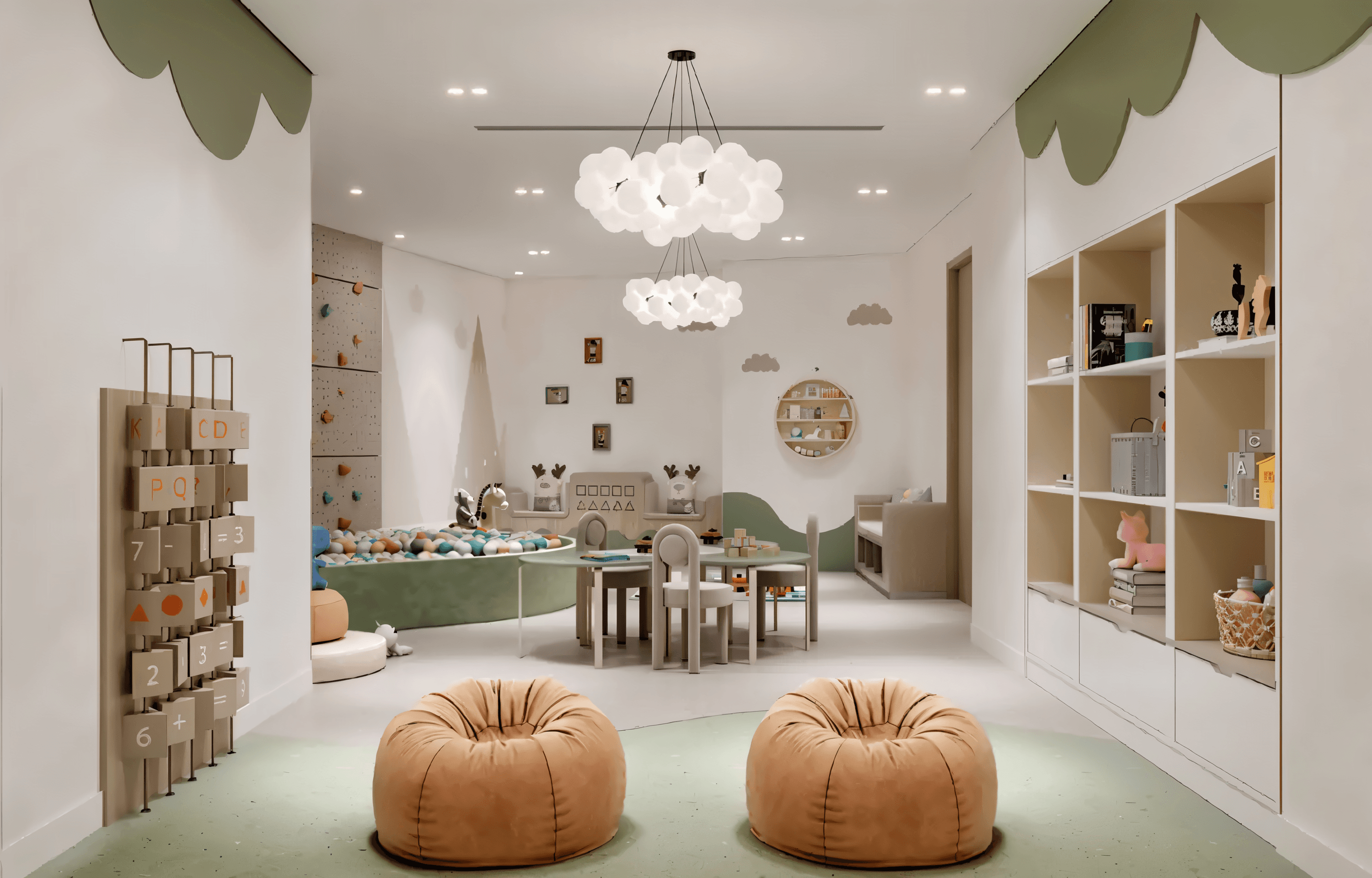 A playroom featuring a large green carpet and two colorful bean bags, designed by Azizi Wares.