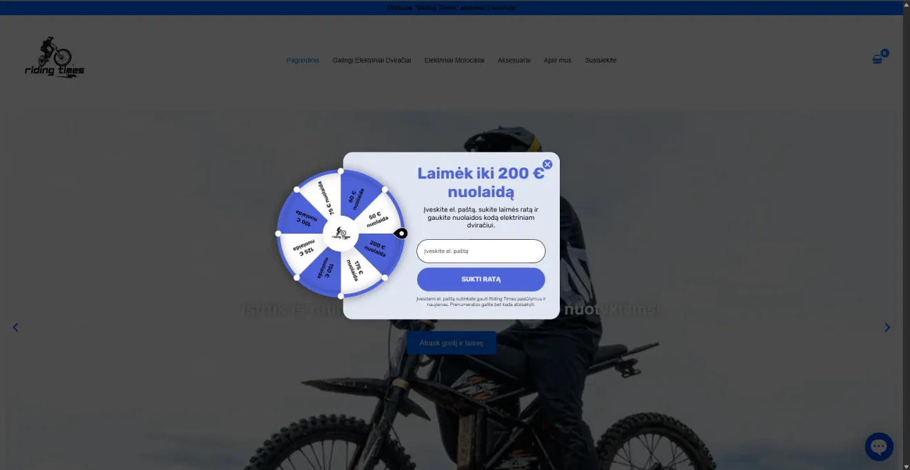 Riding Times Lithuanian ecommerce welcome email popup featuring a spin-the-wheel game mechanics on the left displaying large cash prizes up to 200€