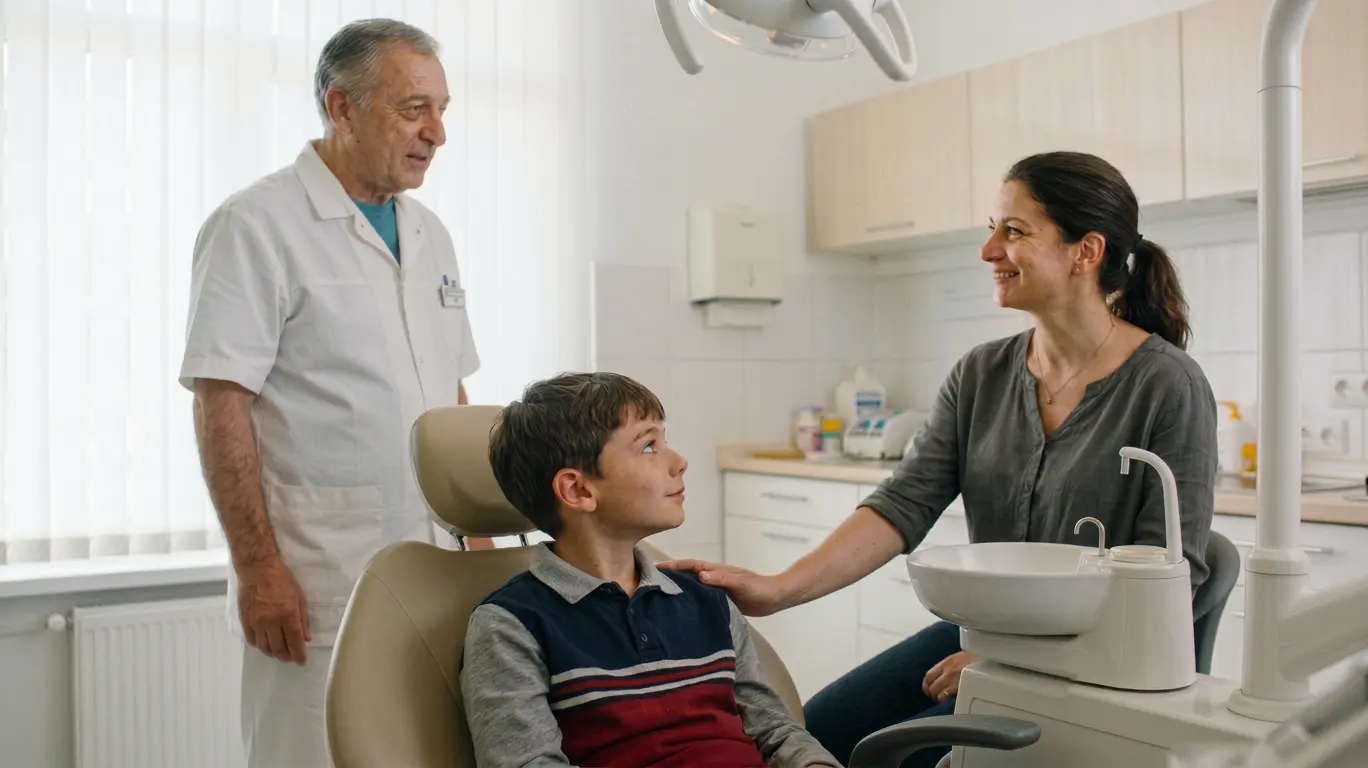 Gyermek fogászati konzultáción szülővel és fogorvossal a rendelőben