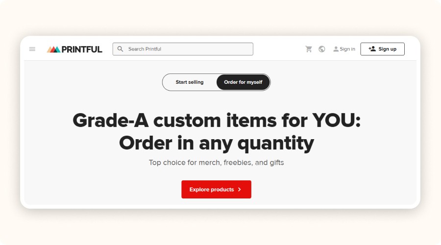 Printful homepage promoting print-on-demand business setup