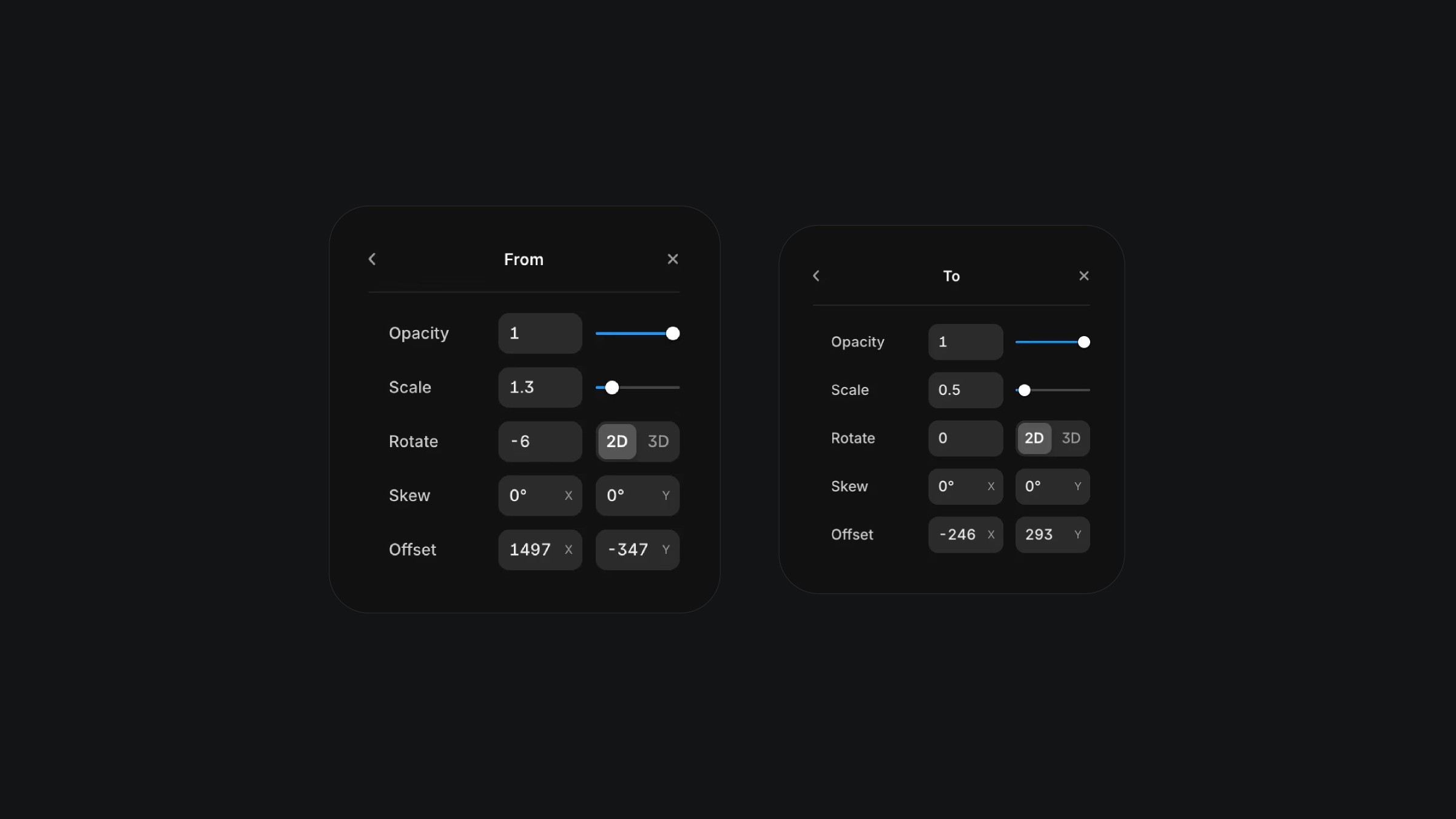 Animation settings panels showing opacity, scale, rotation controls
