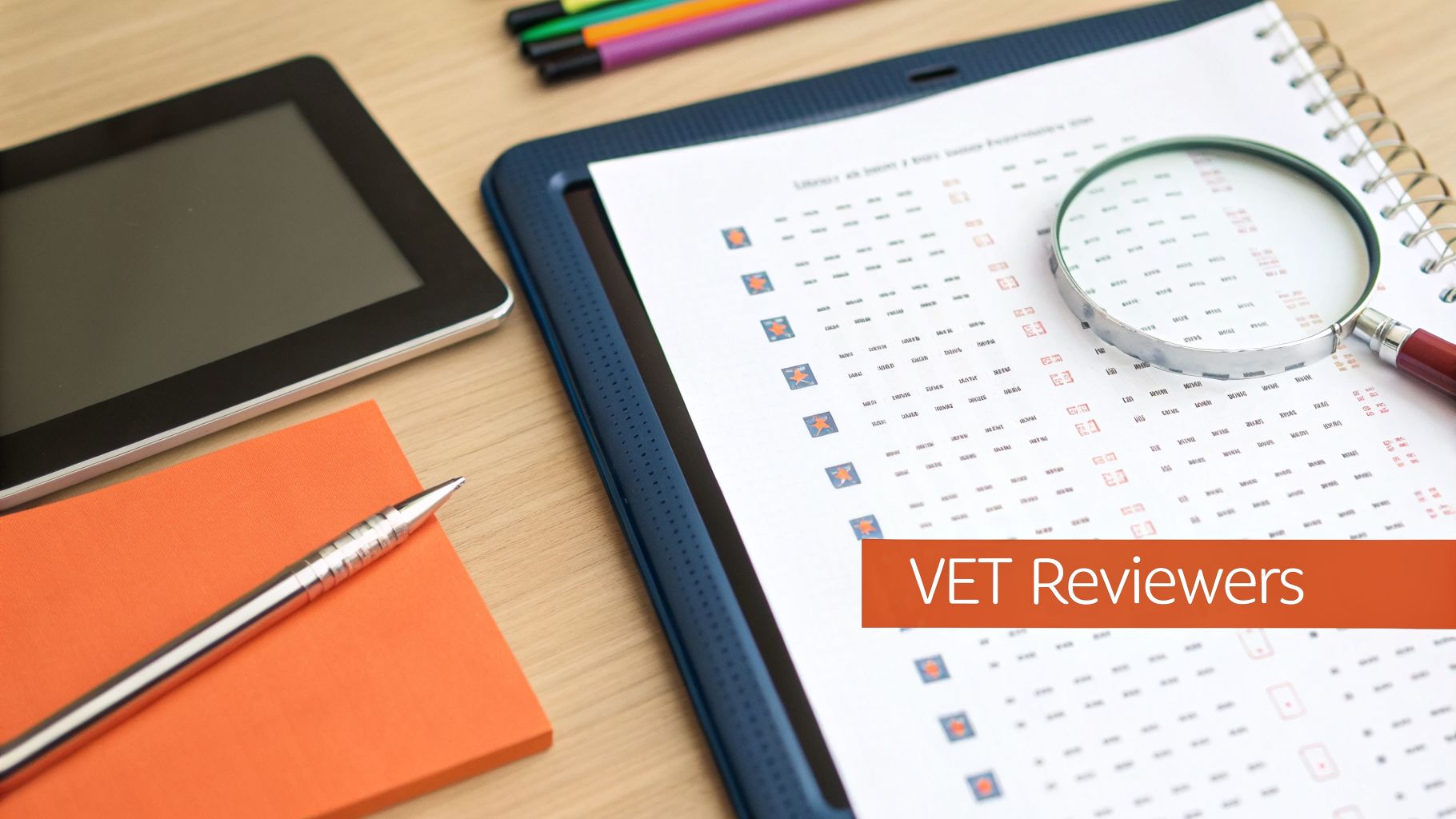 Desk scene with a tablet, orange notepad, pen, document under a magnifying glass, and 'VET Reviewers' text.