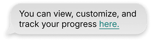 A message bubble from phae that reads "You can view, customize, and track your progress here."