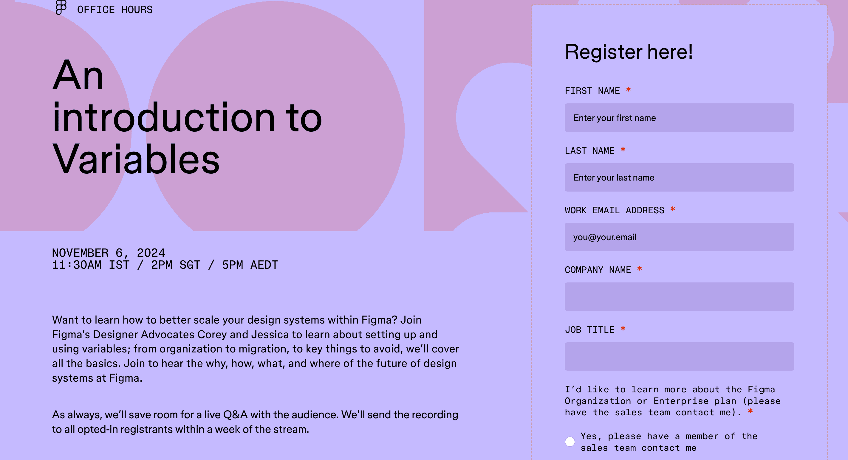 a registration page for filling a registration form to attend a figma event